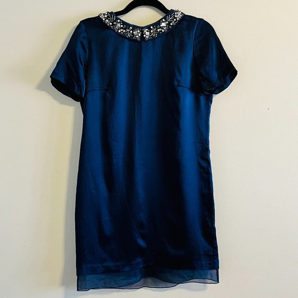 Club Monaco Silk Navy Blue Short Sleeve Mini Dress with Statement Collar - Picture 2 of 12